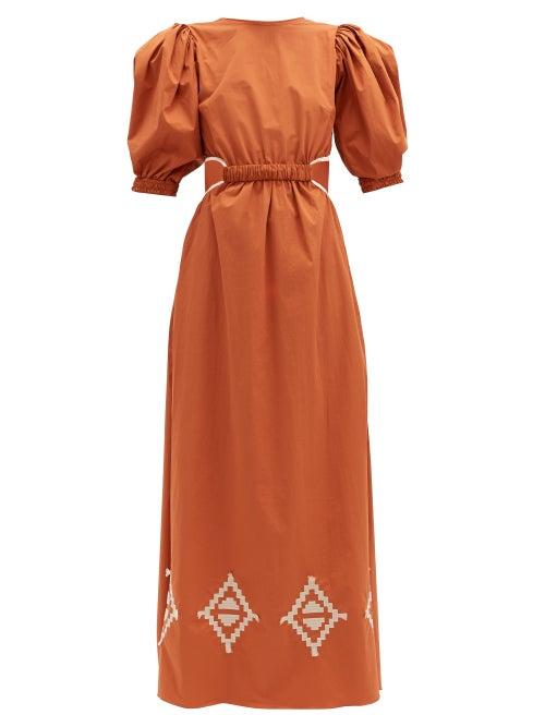 Matchesfashion.com Johanna Ortiz - Smell Of Almond Embroidered Cotton-blend Dress - Womens - Orange