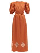 Matchesfashion.com Johanna Ortiz - Smell Of Almond Embroidered Cotton-blend Dress - Womens - Orange
