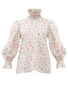 Matchesfashion.com Horror Vacui - Collia Floral Print Smocked Cotton Top - Womens - White Multi