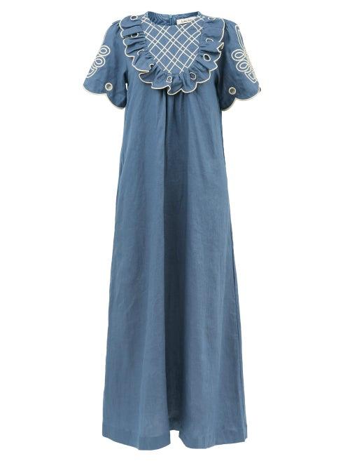 Matchesfashion.com Innika Choo - Betty Diddin Ruffled Linen Maxi Dress - Womens - Navy