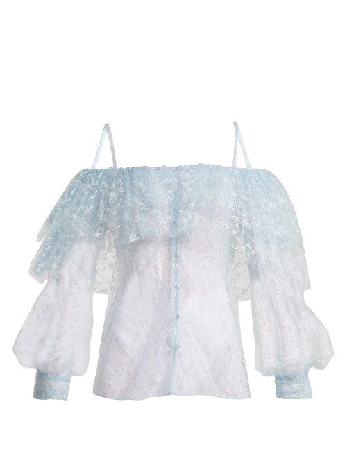 Matchesfashion.com Rodarte - Off The Shoulder Lace And Tulle Top - Womens - Blue Print