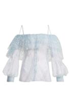 Matchesfashion.com Rodarte - Off The Shoulder Lace And Tulle Top - Womens - Blue Print