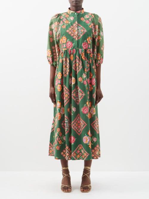 La Doublej - Portofino Floral-print Cotton-blend Dress - Womens - Green Print