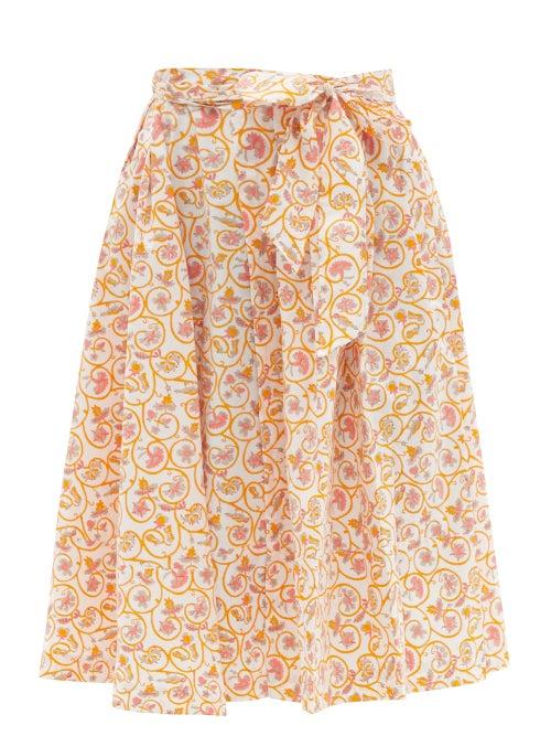 Ladies Beachwear Thierry Colson - Java Pleated Floral-print Waist-tie Cotton Skirt - Womens - Yellow Print