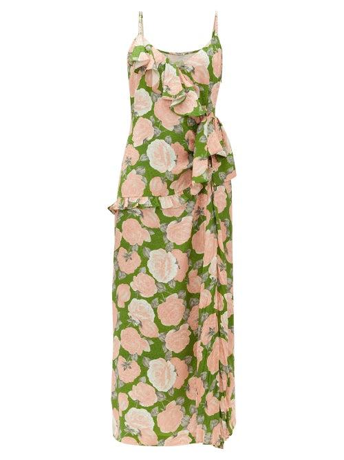 Matchesfashion.com Miu Miu - Ruffled Floral Print Silk Jacquard Dress - Womens - Green Multi