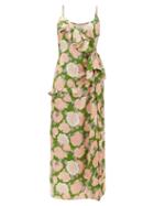 Matchesfashion.com Miu Miu - Ruffled Floral Print Silk Jacquard Dress - Womens - Green Multi