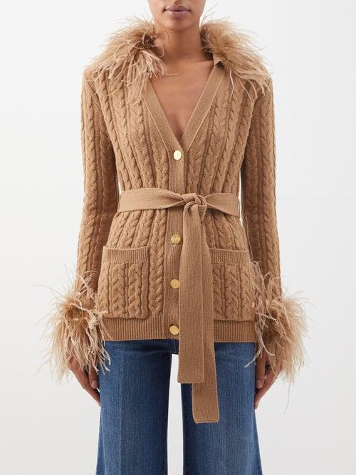 Valentino - Cable-knit Feather-trim Wool Cardigan - Womens - Camel