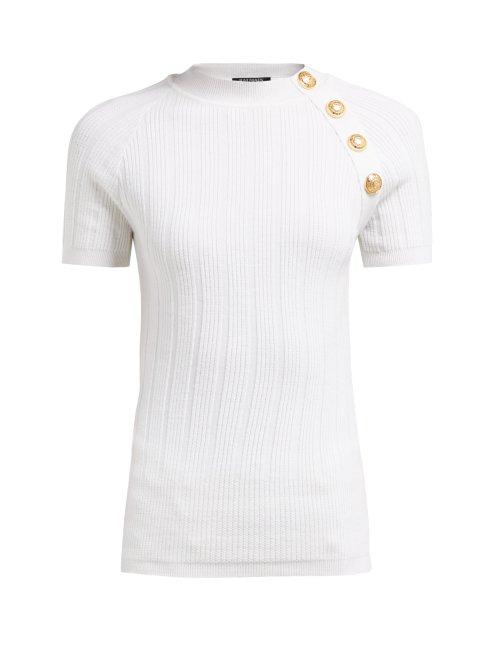 Matchesfashion.com Balmain - Ribbed Knit Wool Blend Top - Womens - White