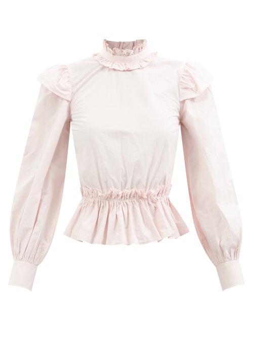 Ganni - Ruffled Organic Cotton-poplin Blouse - Womens - Light Pink
