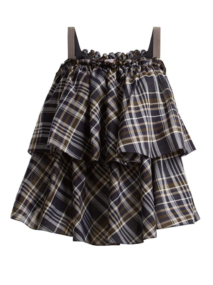 Brunello Cucinelli Embellished Checked Cotton-blend Top