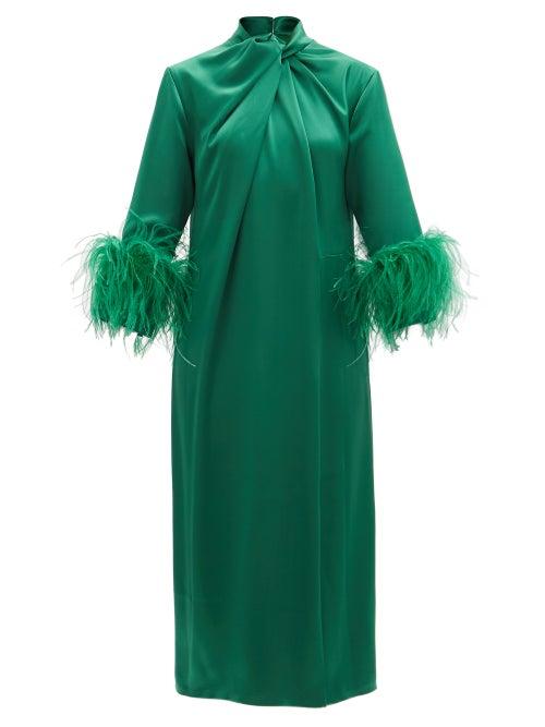 Matchesfashion.com 16arlington - Fujiko Ostrich-feather Trimmed Satin Dress - Womens - Emerald
