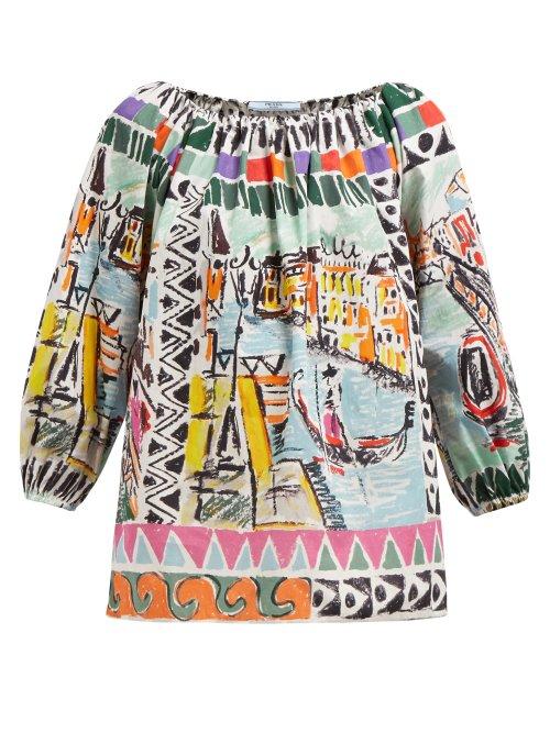 Matchesfashion.com Prada - Venice Print Gathered Cotton Poplin Blouse - Womens - Blue Multi