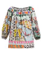 Matchesfashion.com Prada - Venice Print Gathered Cotton Poplin Blouse - Womens - Blue Multi