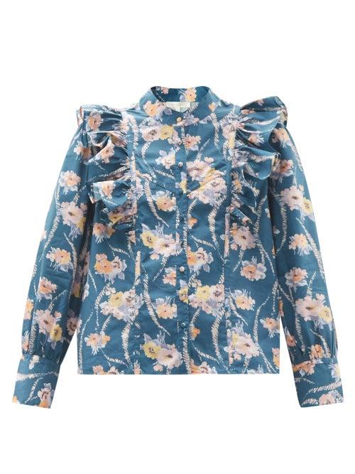 Matchesfashion.com Loveshackfancy - Beatrix Ruffled Floral-print Cotton Blouse - Womens - Blue Print