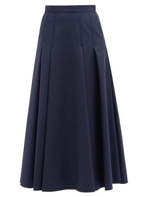 Matchesfashion.com Carolina Herrera - Pleated Cotton-twill Skirt - Womens - Navy