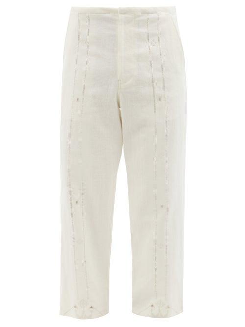 Kuro - Embroidered And Ladder-lace Linen Trousers - Mens - White