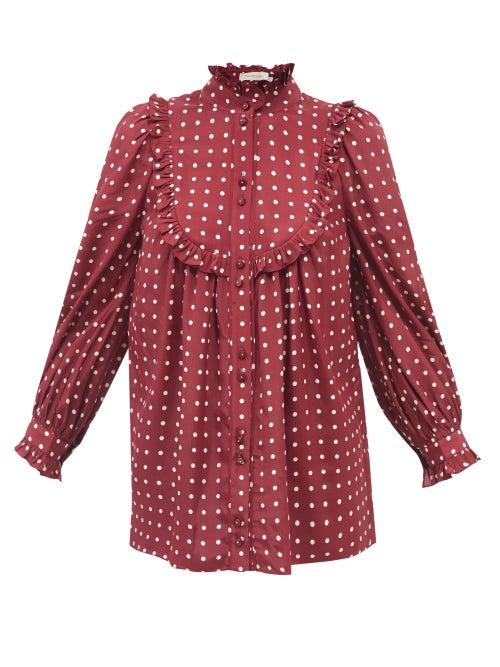 Zimmermann - Ruffled High-neck Polka-dot Satin Blouse - Womens - Burgundy