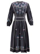 Isabel Marant - Caroline Floral-embroidered Silk Midi Dress - Womens - Black Multi