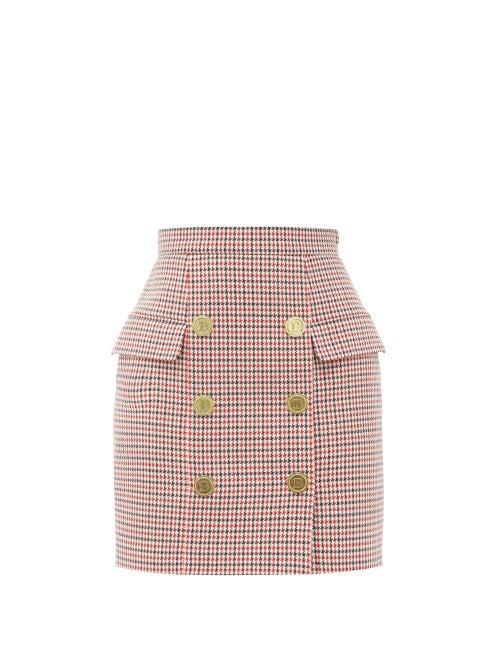 Matchesfashion.com Balmain - Buttoned High-rise Houndstooth Wool Mini Skirt - Womens - Red Multi