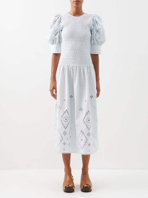 Ganni - Smocked Broderie-anglaise Organic-cotton Dress - Womens - Light Blue
