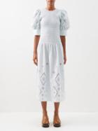 Ganni - Smocked Broderie-anglaise Organic-cotton Dress - Womens - Light Blue