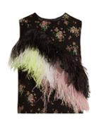 Matchesfashion.com Msgm - Feather Embellished Floral Print Crepe Top - Womens - Black