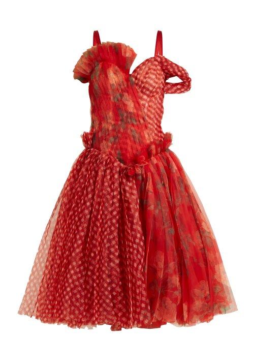 Matchesfashion.com Alexander Mcqueen - Pleated Floral Print And Checked Organza Dress - Womens - Red Multi