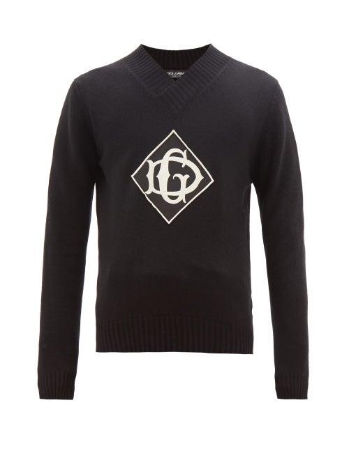 Matchesfashion.com Dolce & Gabbana - V Neck Logo Patch Virgin Wool Sweater - Mens - Black