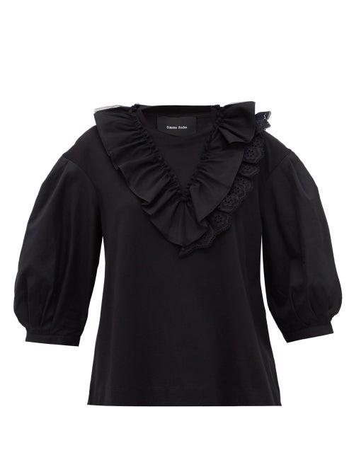 Matchesfashion.com Simone Rocha - Ruffled Puff-sleeve Cotton Top - Womens - Black
