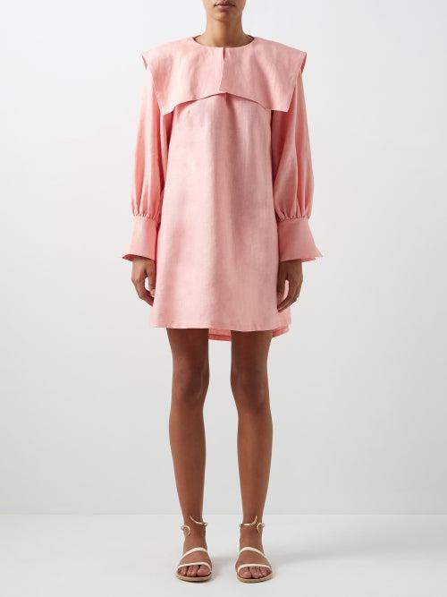 Les Vacances D'irina - Panarea Square-collar Linen-gauze Mini Dress - Womens - Light Pink