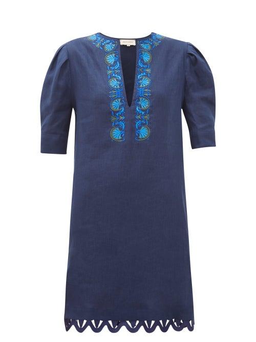 Matchesfashion.com Zeus + Dione - Sitia Floral-embroidered Linen Mini Dress - Womens - Navy