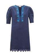 Matchesfashion.com Zeus + Dione - Sitia Floral-embroidered Linen Mini Dress - Womens - Navy