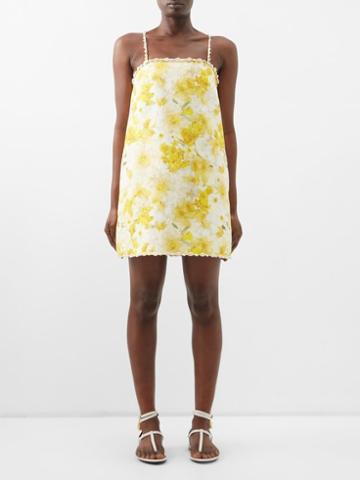 Zimmermann - Wonderland Shell-trim Printed Linen Mini Dress - Womens - Yellow Multi