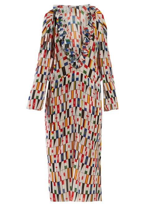 Matchesfashion.com Balenciaga - Ruffled Flag Print Faille Dress - Womens - White Multi