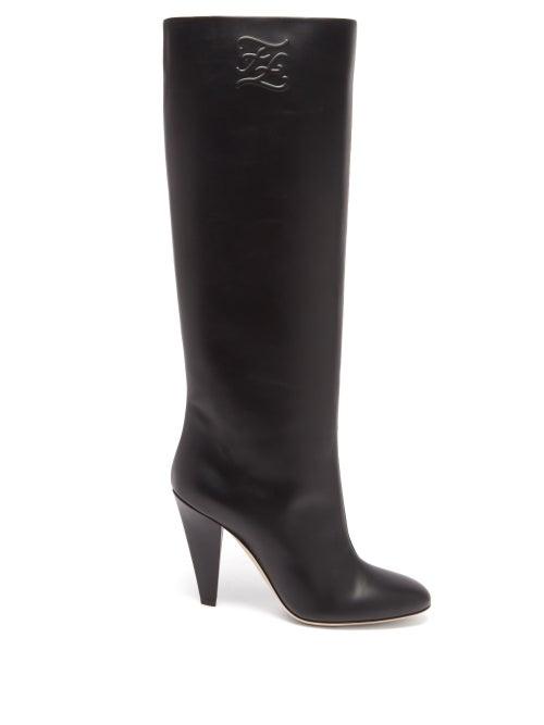 Fendi - Ff-embossed Leather Knee-high Boots - Womens - Black