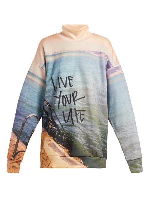 Matchesfashion.com Marques'almeida - Live Your Life Printed Jersey Sweatshirt - Womens - Blue Print