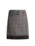 Matchesfashion.com Prada - Logo Patch Houndstooth Wool Blend Skirt - Womens - Grey Multi