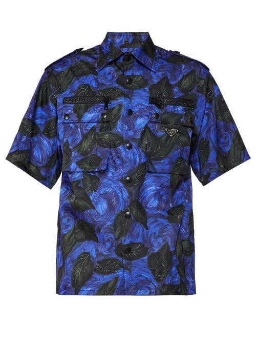 Matchesfashion.com Prada - Rose Print Short Sleeved Poplin Shirt - Mens - Black Purple