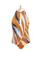 Ladies Beachwear Cala De La Cruz - Chiara Halterneck Leaf-print Swimsuit - Womens - Orange Multi
