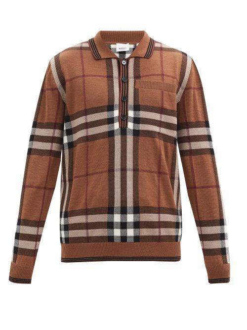 Matchesfashion.com Burberry - Check-intarsia Merino-wool Long-sleeve Polo Shirt - Mens - Brown Multi