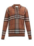Matchesfashion.com Burberry - Check-intarsia Merino-wool Long-sleeve Polo Shirt - Mens - Brown Multi