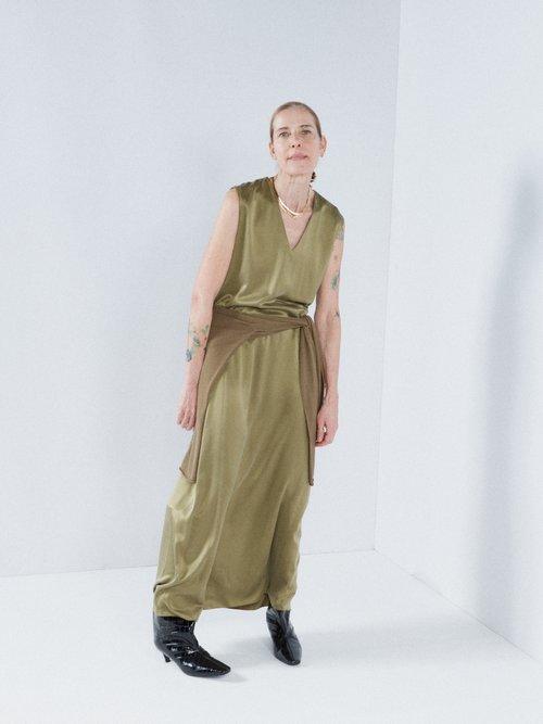 Raey - V-neck Sandwashed-silk Slip Dress - Womens - Dark Khaki