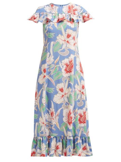 Matchesfashion.com Valentino - Hibiscus Print Ruffle Trimmed Crepe Midi Dress - Womens - Blue Multi