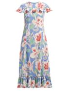 Matchesfashion.com Valentino - Hibiscus Print Ruffle Trimmed Crepe Midi Dress - Womens - Blue Multi