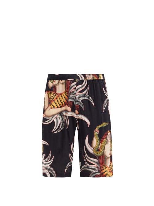 Matchesfashion.com Endless Joy - Snake Goddess-print Poplin Shorts - Mens - Black