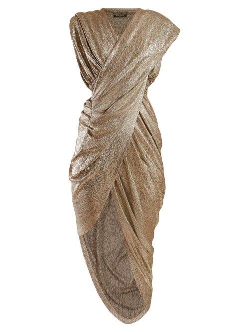Matchesfashion.com Balmain - Ruched Lam Asymmetric Dress - Womens - Gold