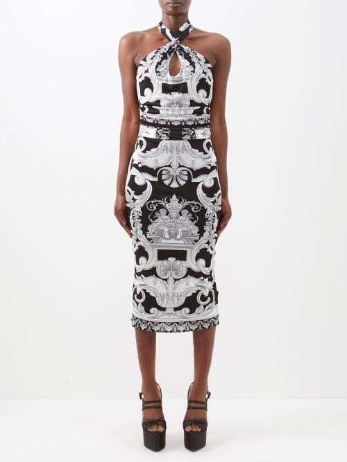 Versace - Baroque-print Jersey Halterneck Dress - Womens - Black White