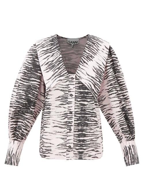 Ganni - Printed Cotton Poplin Collared Shirt - Womens - Pink Multi