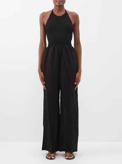Three Graces London - Shefali Shirred-bodice Striped Seersucker Jumpsuit - Womens - Black