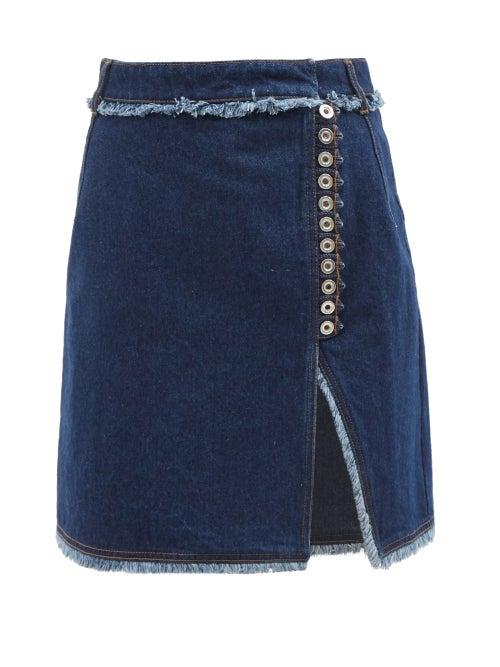 Paco Rabanne - Buttoned Fringe-trim Wrap Denim Skirt - Womens - Mid Denim